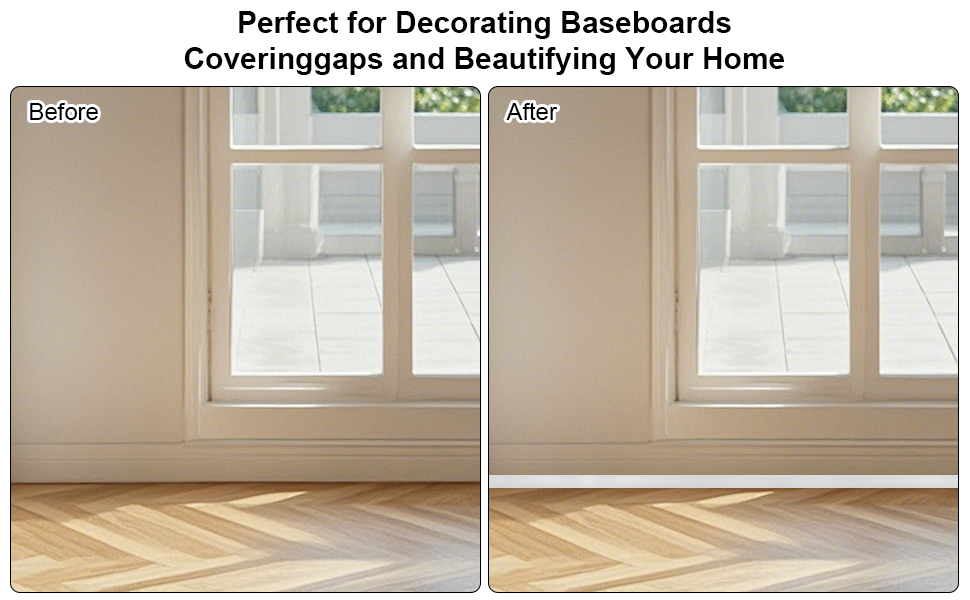 Before and after comparison images showing interior room transformations, focusing on wall and floor renovations or improvements.