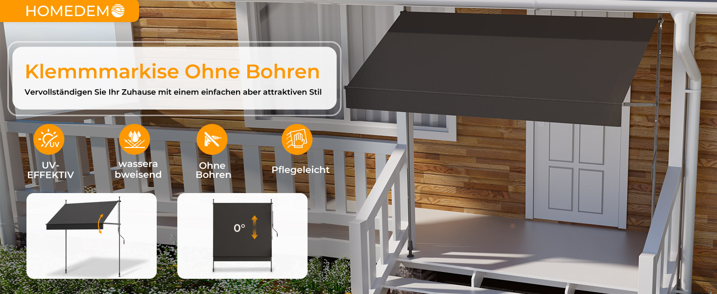 Der Text lautet „HOMEDEMO“ und „klemmmarkise ohne bohren“. Demonstration einer grauen ausziehbaren Markise, die auf einem weißen Verandaländer montiert ist.