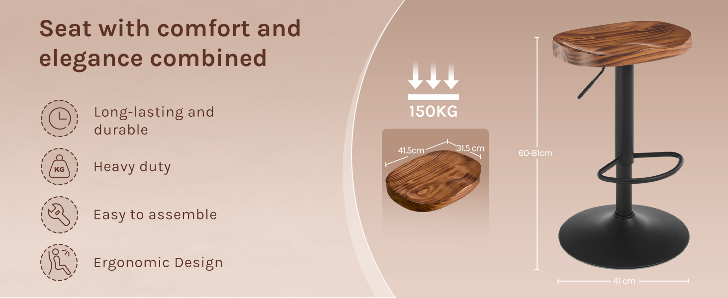 Adjustable wooden bar stool with black metal base. Features include 150kg weight capacity, ergonomic design, and easy assembly. Product specifications and benefits listed alongside image.