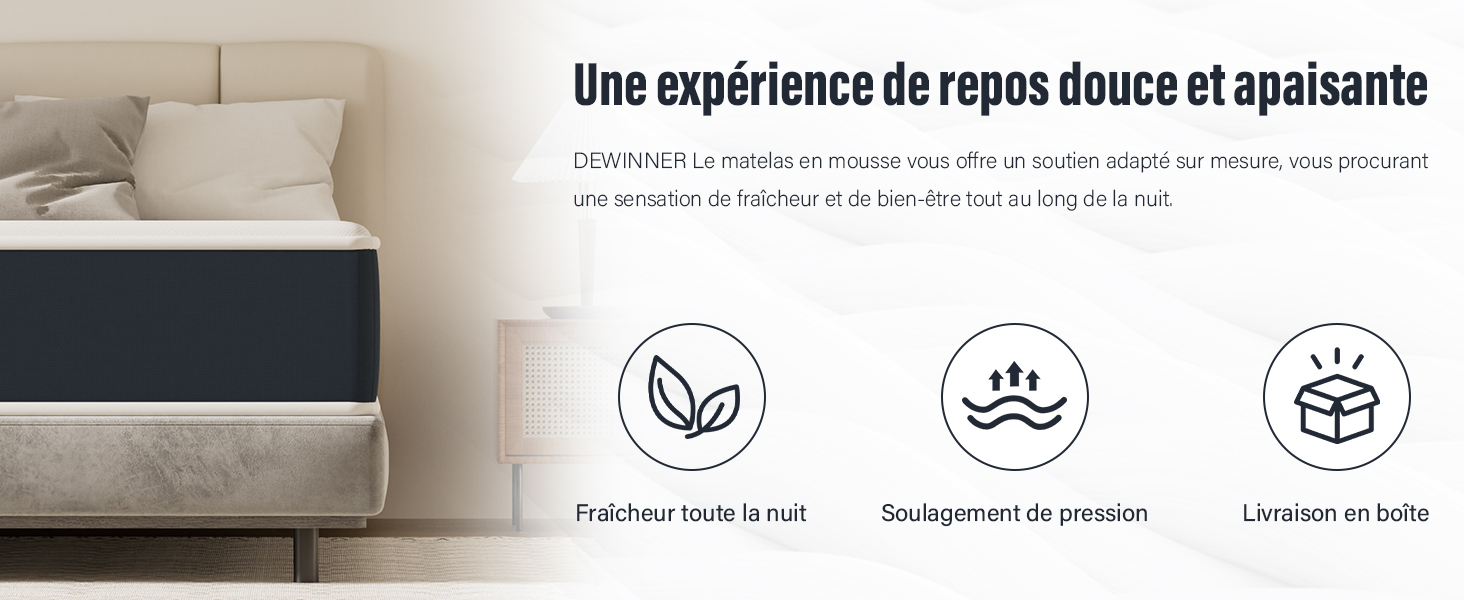 Le texte se lit comme suit : « Une expérience de repos douce et apaisante ». Publicité de produit montrant un canapé gris moderne avec des icônes minimalistes ci-dessous.
