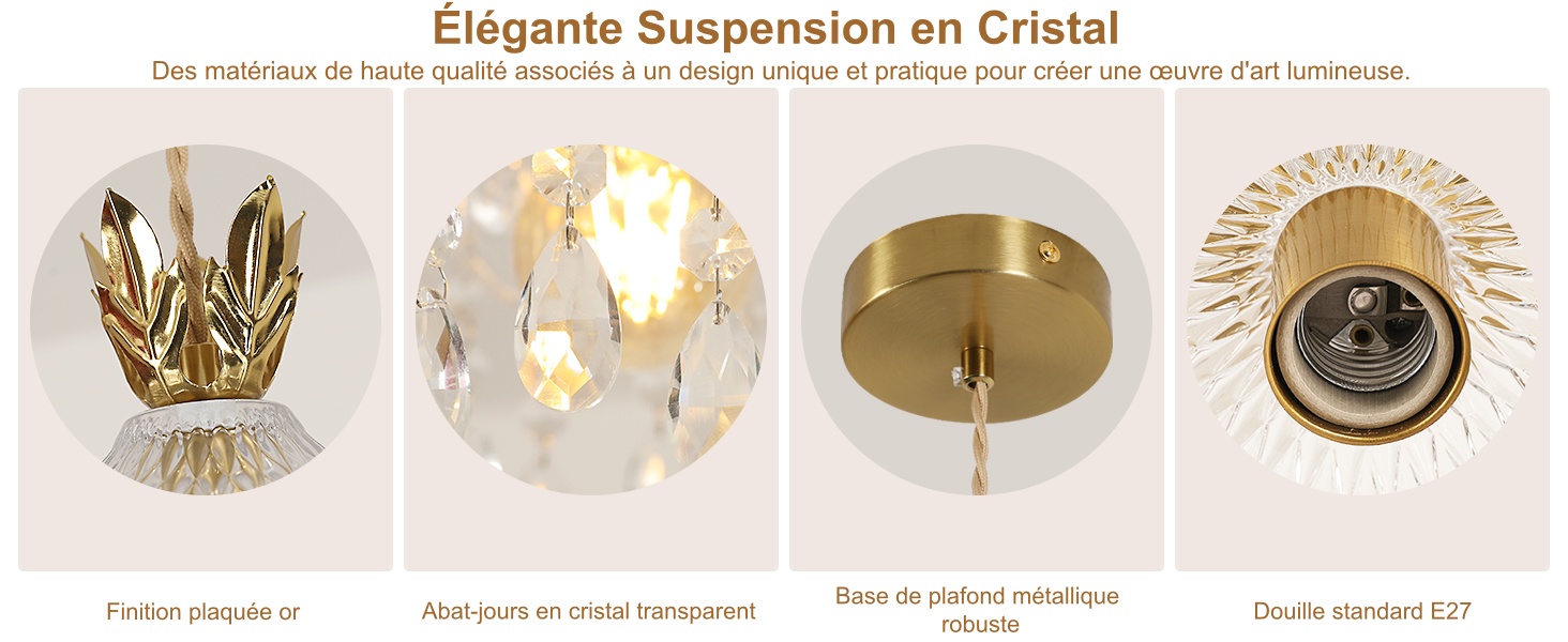 Le texte indique « Élégante Suspension en cristal ». Vitrine de produits à quatre panneaux représentant un plafonnier en or et cristal présentant différents angles et vues de l'installation.