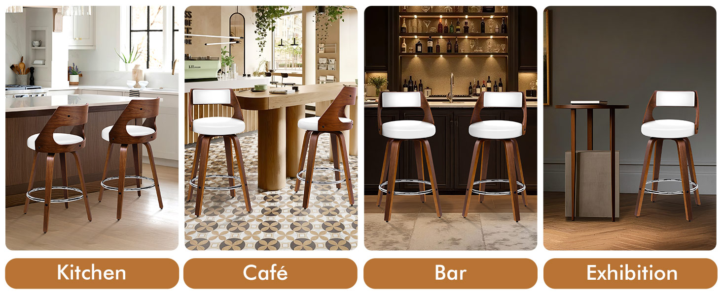 Text labels read 'Kitchen', 'Cafe', 'Bar', 'Exhibition'. Images show interior spaces with wooden furniture and ambient lighting in commercial settings.