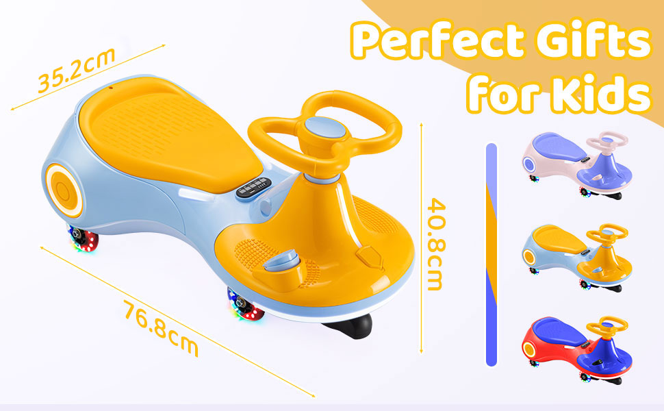 Text reads 'Perfect Gifts for Kids' with measurements '28x23cm', '76.5cm', '31cm'. Yellow and colorful ride-on toy cars displayed with helicopter toy. Plastic children's vehicles in various colors shown.