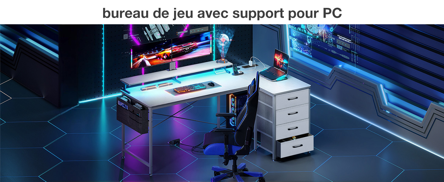avec éclairage LED, structure de support pour PC et design moderne élégant avec éclairage d'ambiance violet et bleu.