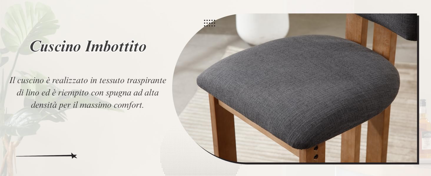 Cuscino testurizzato grigio scuro su una sedia in legno. Il cuscino appare imbottito e progettato per il massimo comfort, coprendo la seduta della sedia