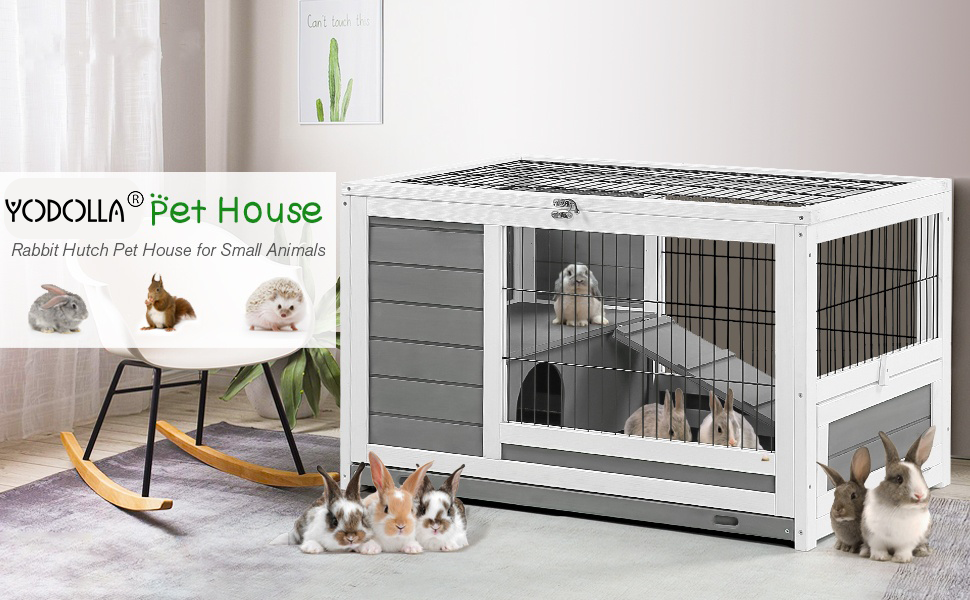 Der Text lautet „YOKOIA Pet House“. Mehrere Ansichten einer weißen Tierkiste/eines Hauses mit Maschendrahtpaneelen und modernen Designelementen.