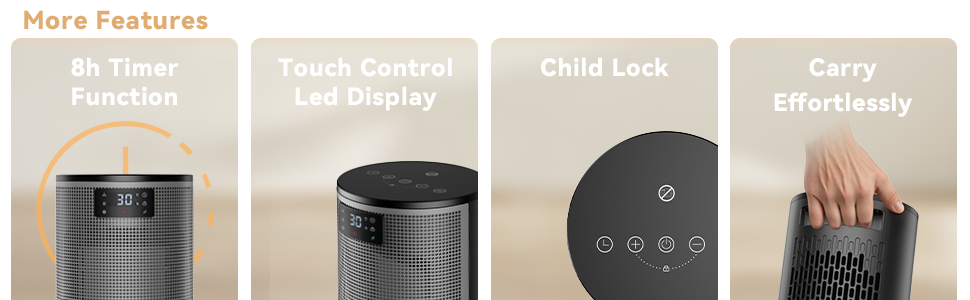 Four features of a device: 8h Timer Function, Touch Control LCD Display, Child Lock, and Carry Effortlessly. Images show a digital display and portable design.
