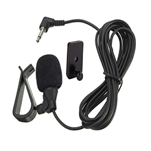 Black microphone with clip, long cord, and 3.5mm jack. Small rectangular device attached. Suitable for audio recording or voice input.