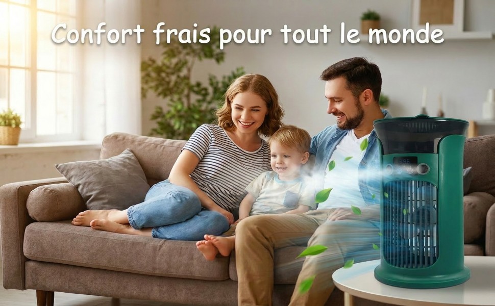 Le texte indique « Confort frais pour tout le monde ». Famille de trois personnes assise sur un canapé beige avec un dispositif de purification d'air turquoise sur le sol à proximité dans un cadre intérieur lumineux.