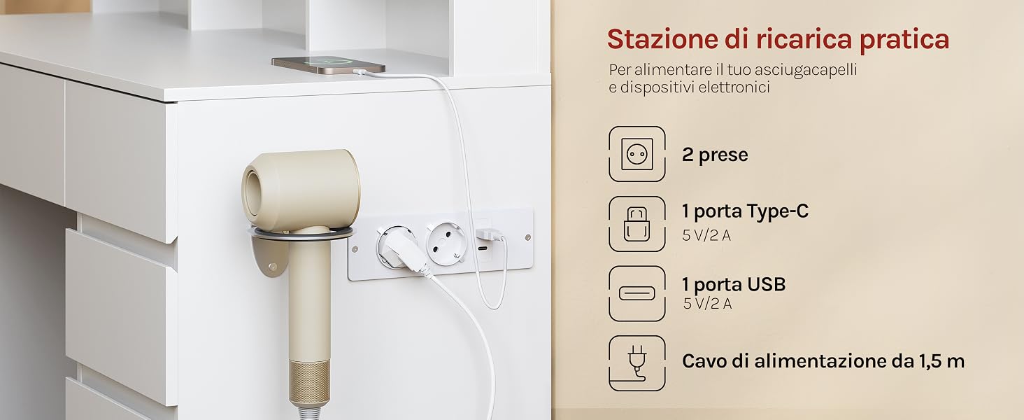 Il testo recita: 'Stazione di ricarica pratica', 'Tra - ricarica senza stress', '60 g peso', 'Type-c porta USB', 'Leggi l'etichetta', 'Carico alimentazione da 5V m'. Stazione di ricarica bianca con attacco a spazzola, che mostra una pratica base di ricarica con didascalie specifiche.