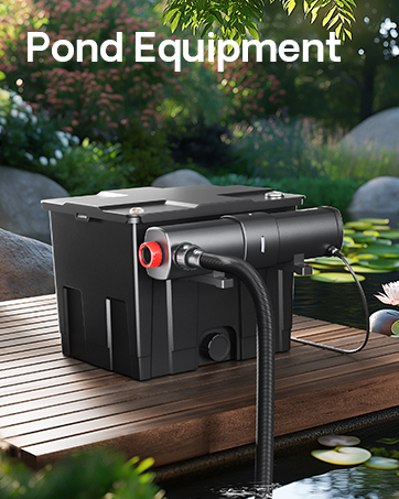 Black pond filter box on wooden deck near water. Features inlet/outlet pipes, suggesting water circulation and filtration capabilities for outdoor ponds or water features.