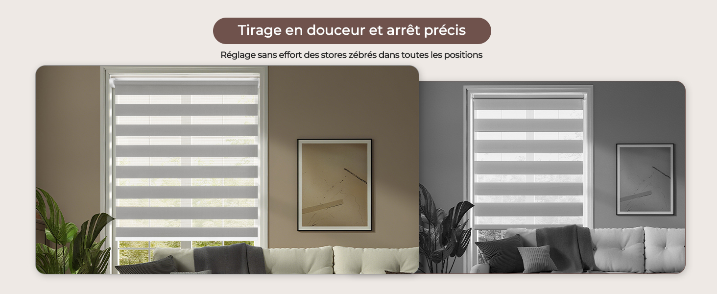 Espace intérieur moderne avec des parures de fenêtres à rayures horizontales répétées créant un motif d'ombre et de lumière à travers la pièce.