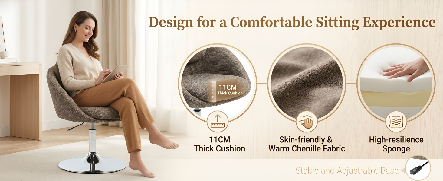 Text reads 'Design for a Comfortable Sitting Experience'. Product diagram showing cushion features including 'Thick Cushion', 'Warm Chenille Fabric', and 'Sponge'.