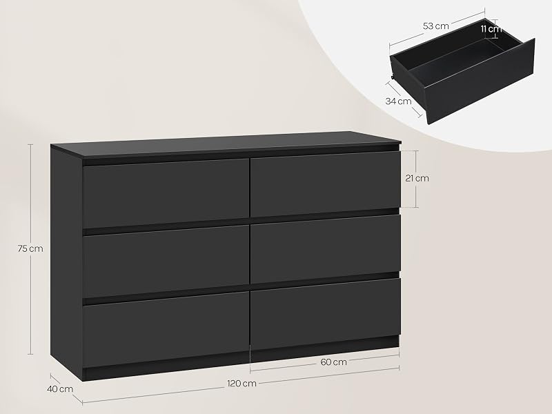 Plusieurs vues d'un meuble TV moderne noir ou d'une console multimédia à deux tiroirs, montrant différents angles et dimensions.