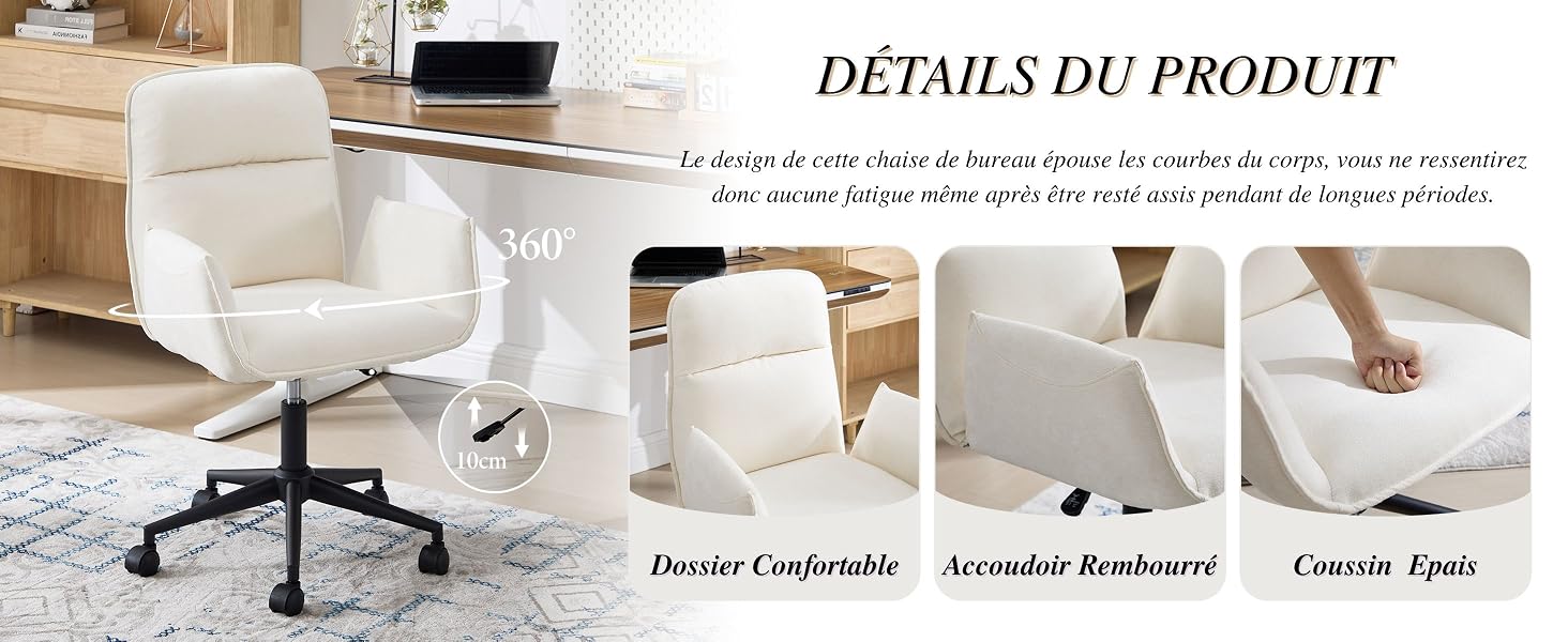 Le texte se lit comme suit : « DÉTAILS DU PRODUIT ». Démonstration du produit de chaise de bureau présentant des caractéristiques réglables et des positions ergonomiques sur fond blanc.