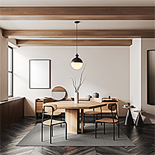 a dining room with a large table and chairs.