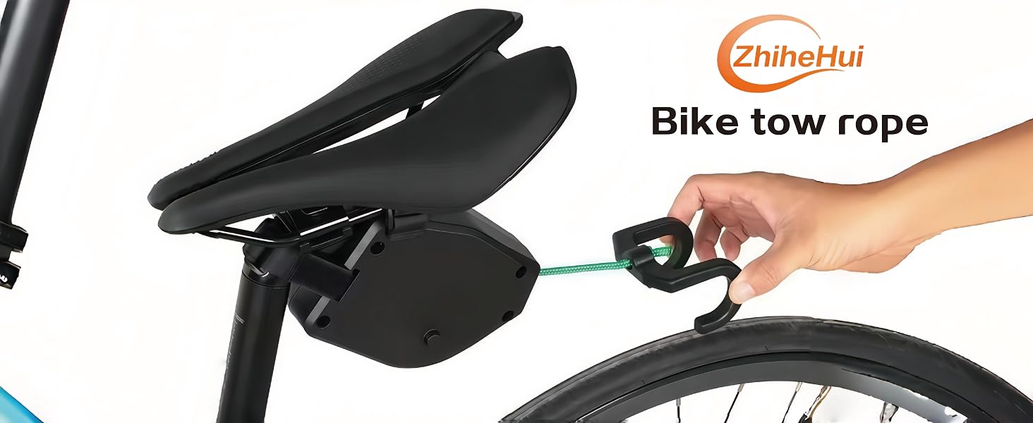 Text reads 'Bike tow rope' with 'ZhiDaHui' logo. Image shows bicycle seat and rear wheel with hand demonstrating attachment of tow rope.
