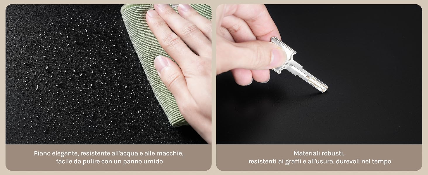 Applicare a mano un prodotto glitterato nero scintillante sulla superficie. Testo parziale visibile in basso relativo all'applicazione. Immagine a due pannelli che mostra la dimostrazione dell'applicazione del prodotto.