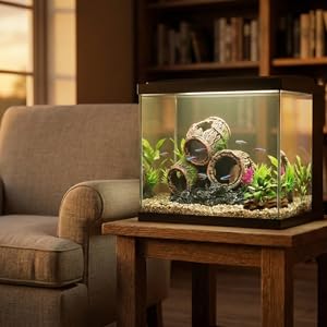 Series of interior shots showing gray upholstered couch with wooden side table displaying terrarium or plant arrangement in warm, dim lighting.