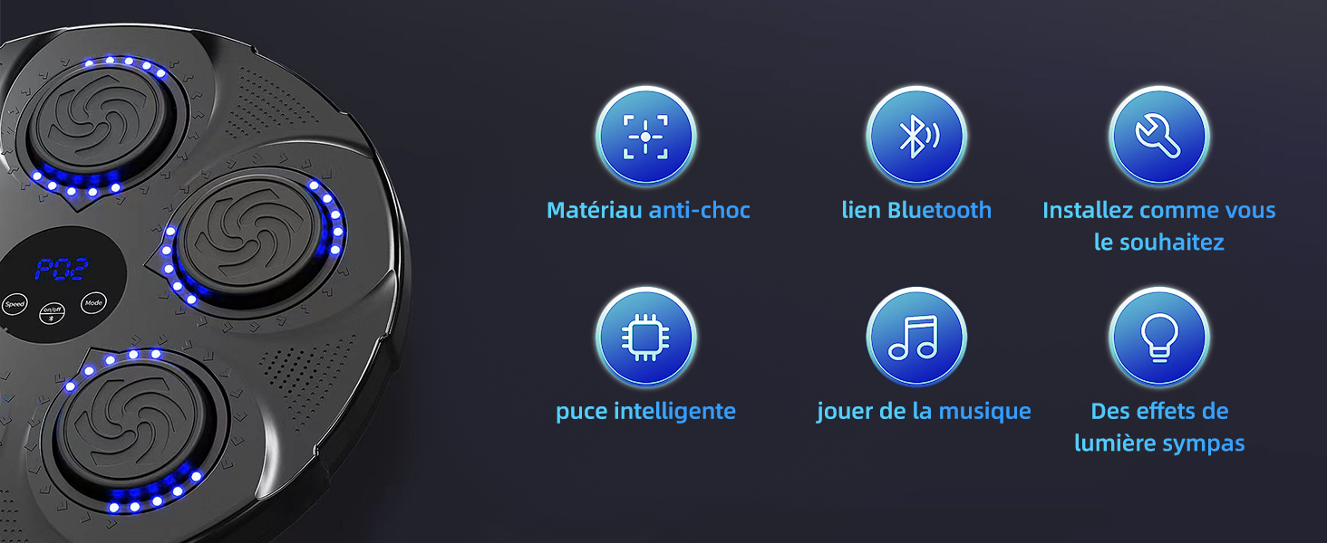 Appareil circulaire avec plusieurs boutons et lumières LED bleues. Les icônes indiquent les fonctionnalités : Bluetooth, lecture de musique, effets d'éclairage, etc.