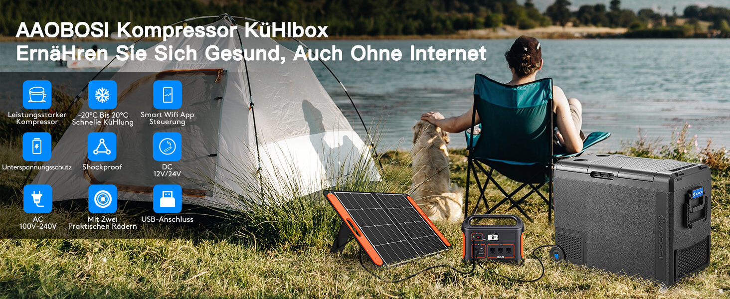 Tragbare Kühlbox mit Solarpanel, zum Einsatz beim Campen im Freien. Zu den Funktionen gehören WLAN, Bluetooth und USB-Konnektivität. Die Abbildung zeigt eine Person, die sich im Campingstuhl entspannt.