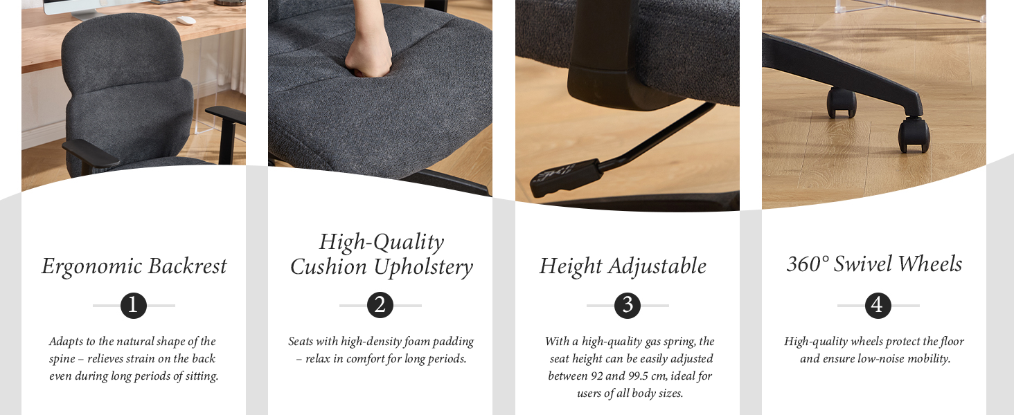 Four-panel product feature display showing: 'Ergonomic Backrest', 'High Quality Durable Materials', 'Height Adjustable', and '360° Swivel Wheels' with demonstrative images.