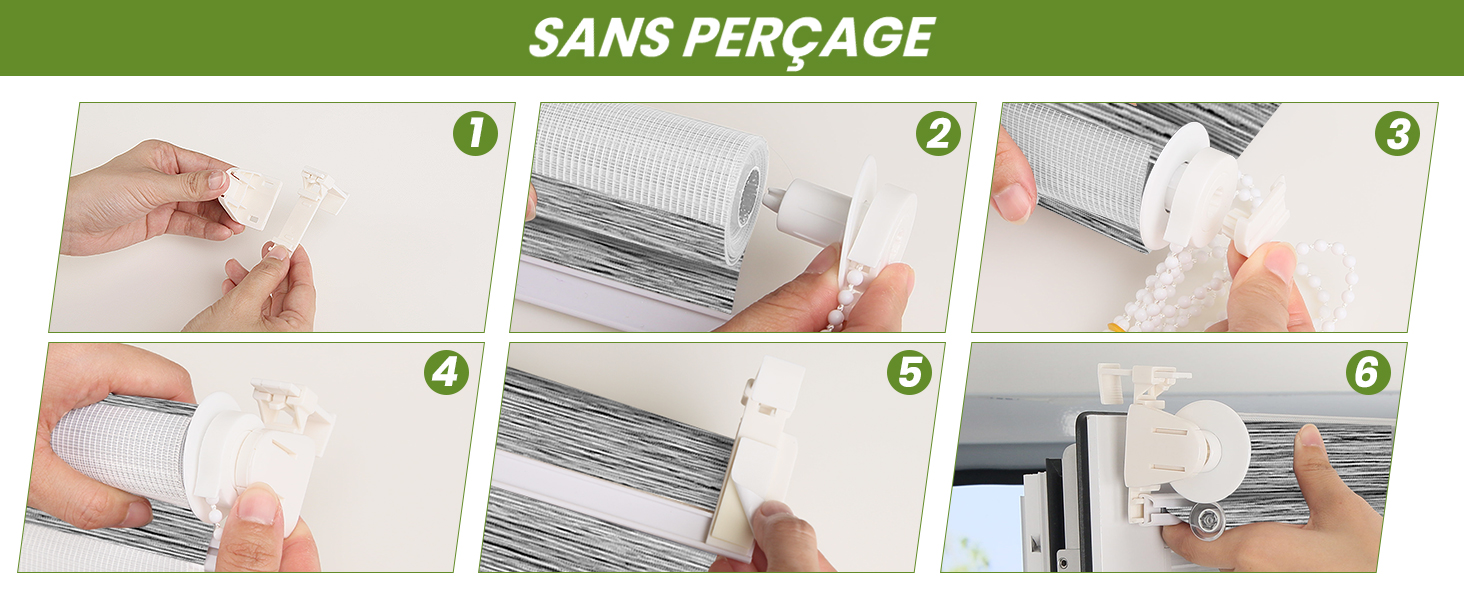 Guide d'installation en six étapes pour un appareil monté sur une fenêtre, montrant des mains fixant une unité en plastique blanc au cadre d'une fenêtre à l'aide
