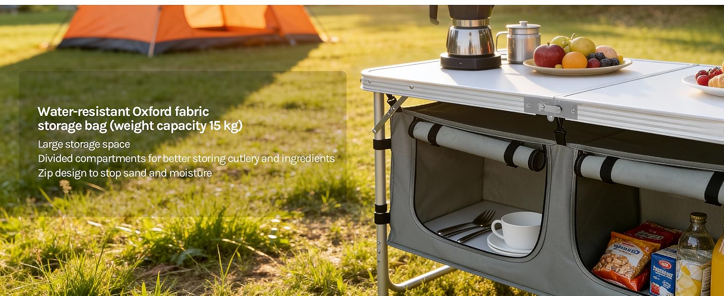 Text reads 'transfer-resistant Oxford fabric storage bag enough capacity 35L space'.
[SENTENCE 18] Multiple views of a black storage container or organizer shown outdoors next to camping equipment and food items.