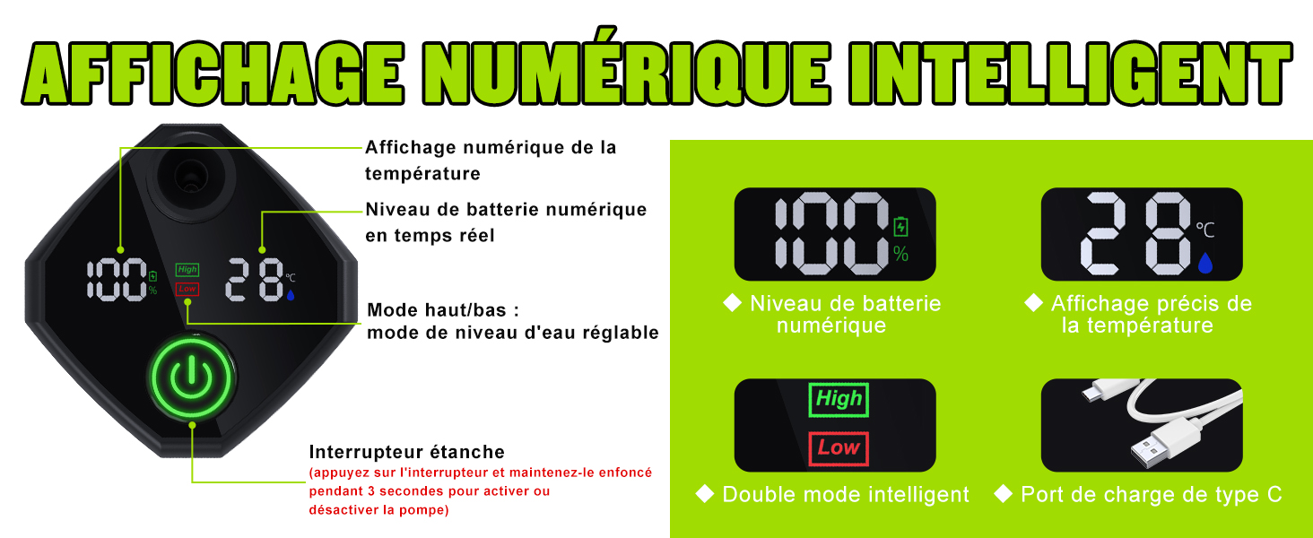 Interface d'affichage numérique indiquant le niveau de la batterie et les relevés de température avec une palette de couleurs verte et noire.