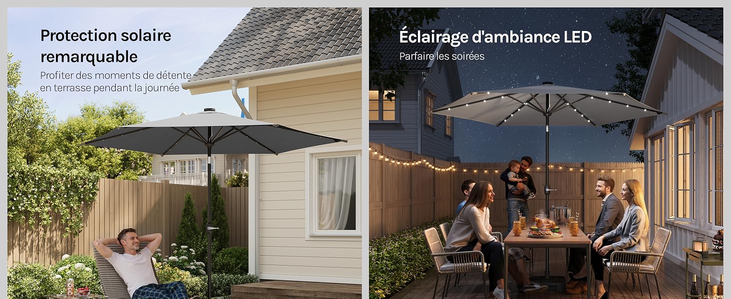 Le texte indique « Protection solaire remarquable » et « Éclairage d'ambiance LED ». Scènes de terrasse extérieure montrant des structures de parasol ou d'ombrage dotées de dispositifs d'éclairage.