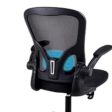 Black mesh office chair with adjustable armrests, showing rear view. Features blue lumbar support cushion and curved ergonomic backrest design.