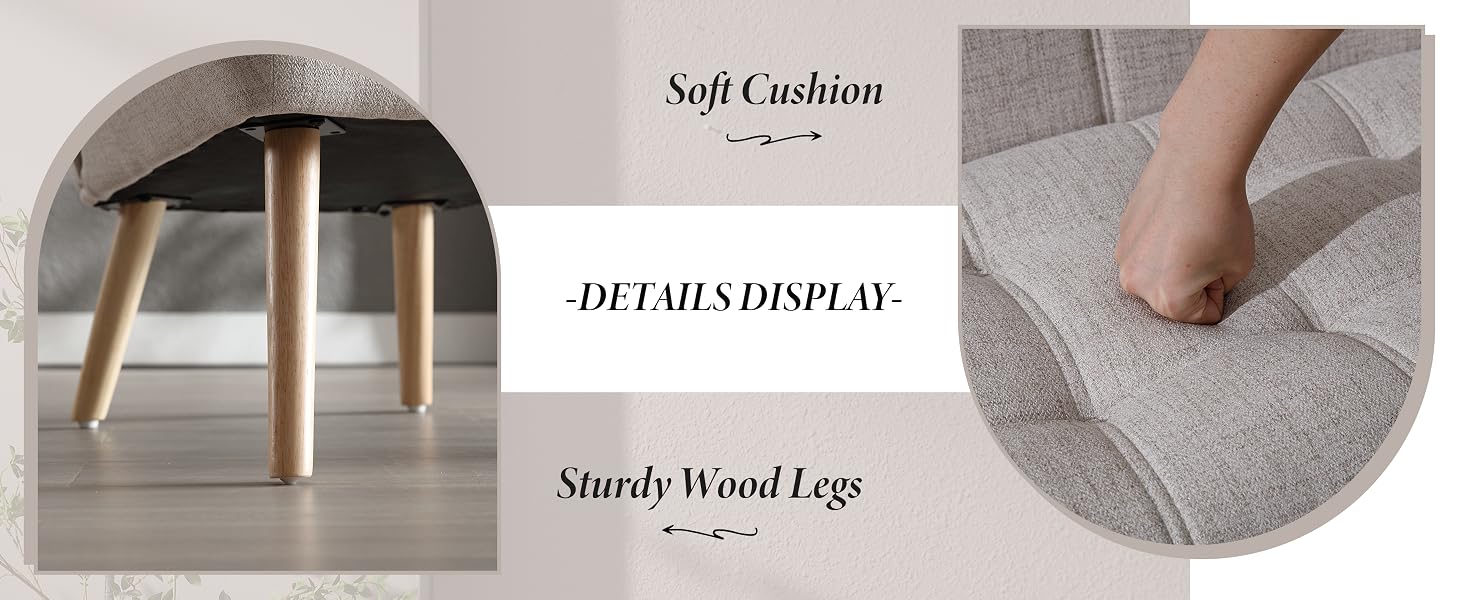 Composite image showcasing a furniture piece with sturdy wooden legs and a soft, cushioned top. Close-up views highlight the leg construction and textured upholstery surface.