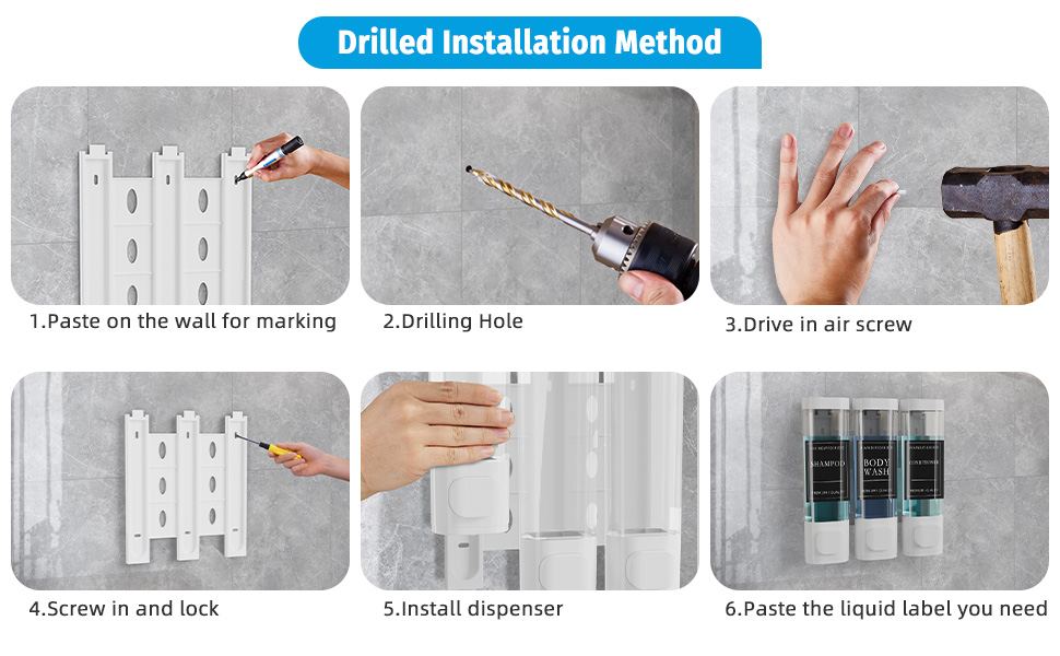 Schritt-für-Schritt-Installationsanleitung für den gebohrten Flüssigseifenspender. Zeigt das Markieren, Bohren, Einsetzen von Dübeln, Einschrauben des Sockels, Befestigen des Spenders und Befüllen mit Flüssigseife.