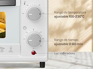 El texto dice «Rango de temperatura ajustable 100-230 °C», «Rango de tiempo ajustable 0-50 min», «Luz indicadora». Vista duplicada de un aparato blanco de encimera con diales de control.