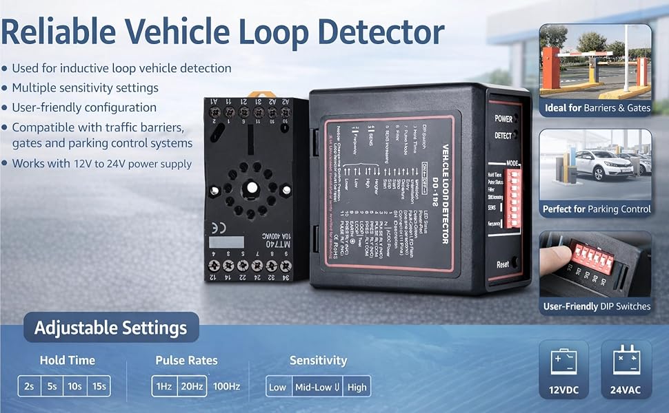 Text reads 'Reliable Vehicle Loop Detector' with technical specifications and settings panel. Multiple images showing parking control system components and installation.
