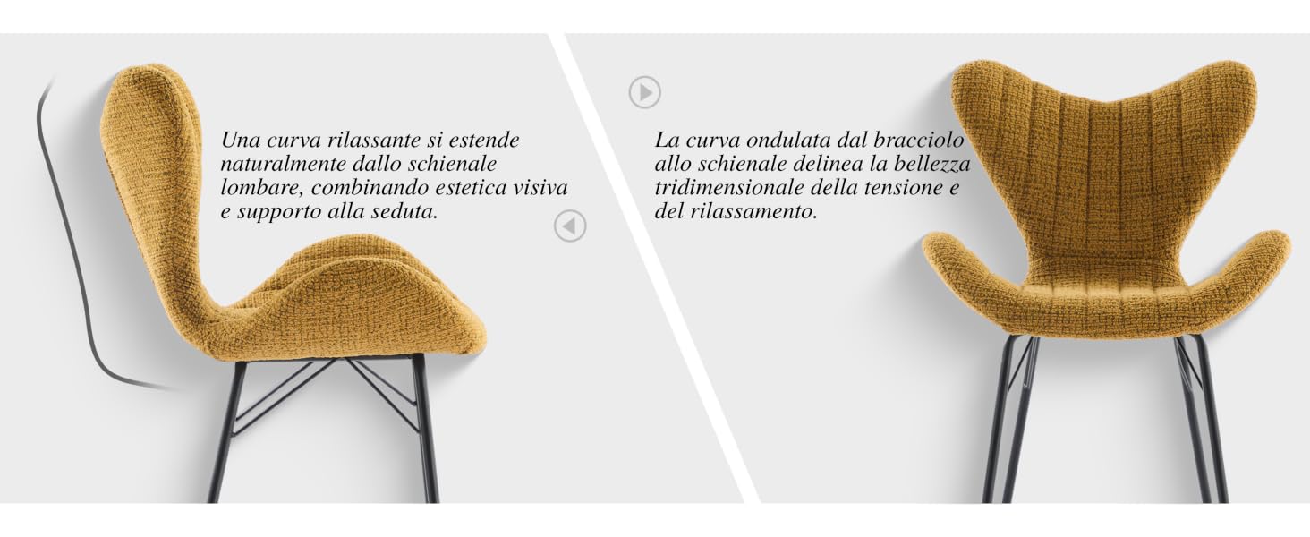 Sedia o sgabello a forma di farfalla con seduta imbottita marrone chiaro e gambe in metallo, mostrata da più angolazioni che mostrano il suo esclusivo design a forma di ala.