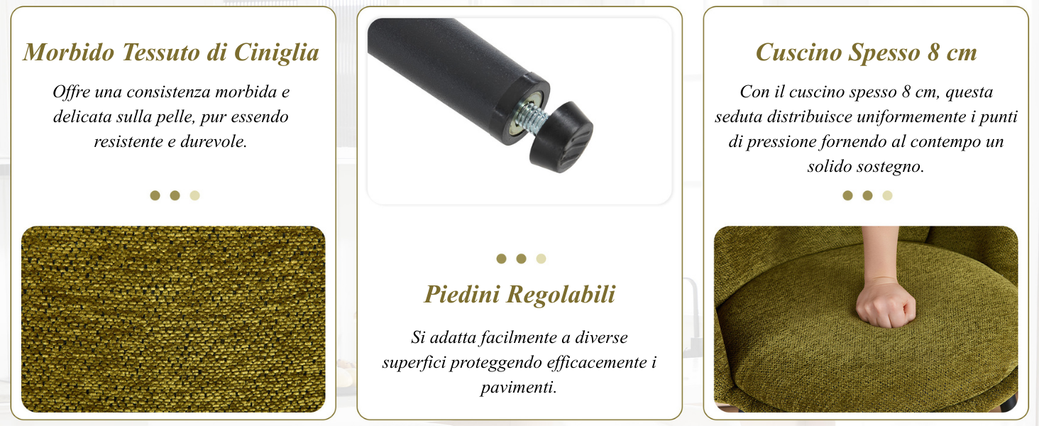Il testo recita «Morbide Tessuto di Ciniglia» e «Prodotti Replicabili». Sequenza dimostrativa del prodotto che mostra la trama del tessuto in ciniglia verde e il processo di pulizia.