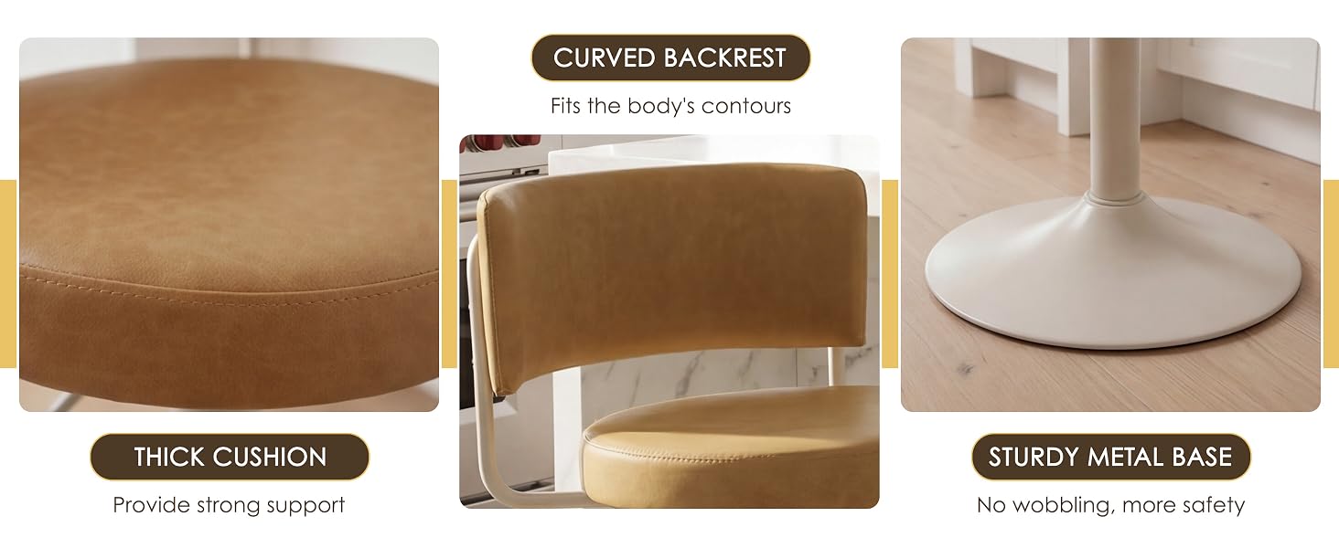 Text reads 'CURVED BACKREST', 'THICK CUSHION', 'COMFY METAL BASE'. Tan upholstered chair shown from multiple angles displaying curved back support, thick seat cushion, and metal base legs.