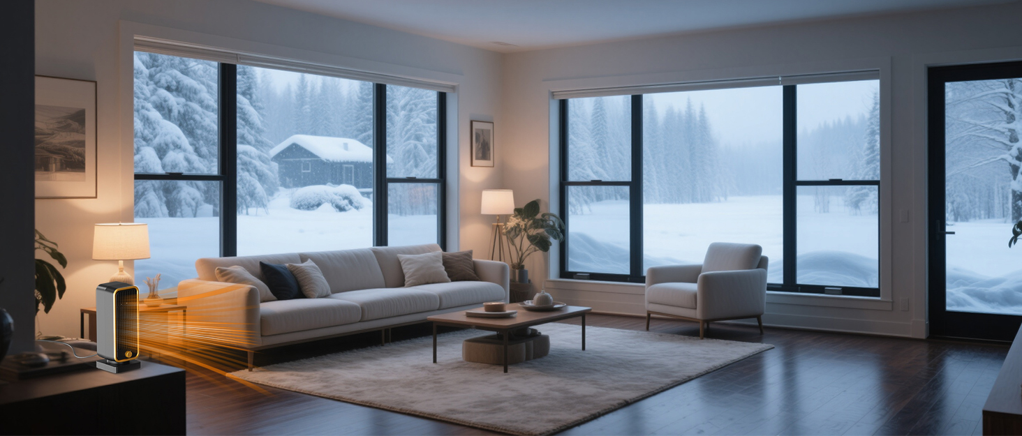 Modern minimalist interior space with floor-to-ceiling windows showing snowy landscape outside. Features contemporary furniture and open layout.