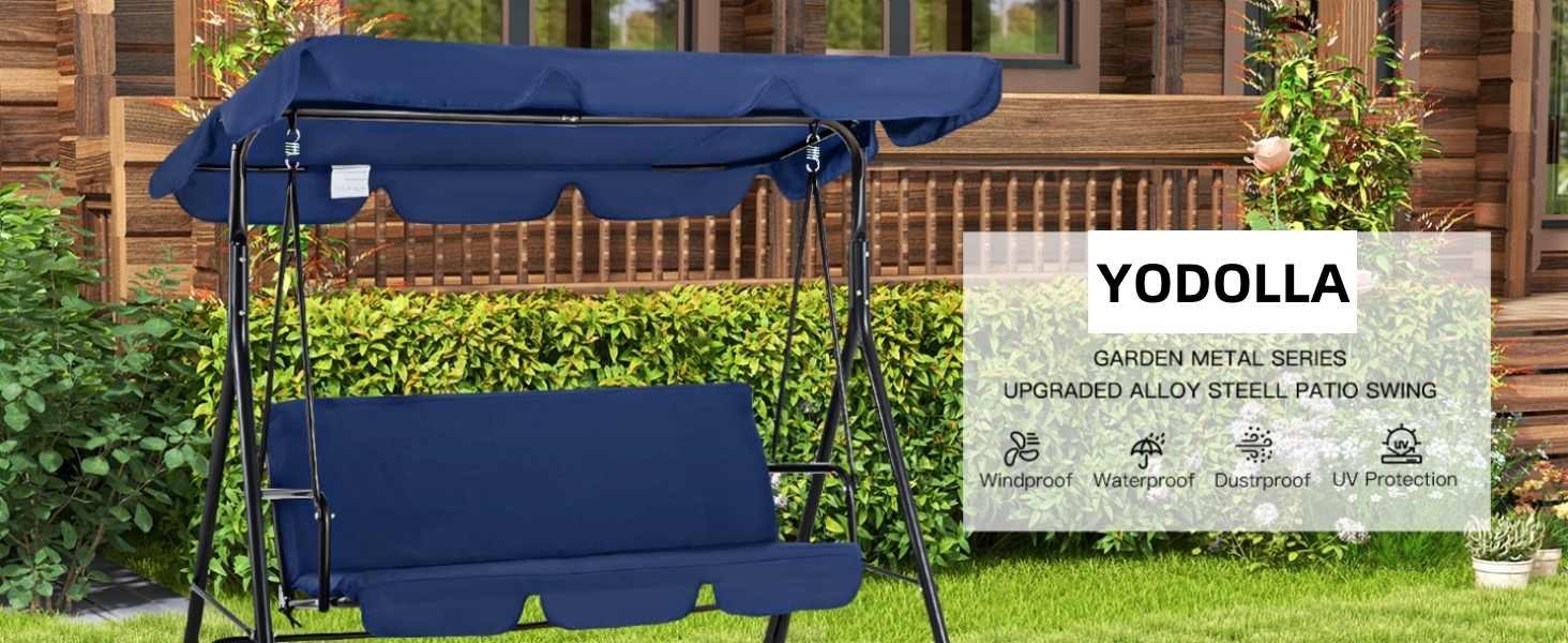 Marineblaue Außenschaukel mit Baldachin. Verfügt über einen Metallrahmen, einen gepolsterten Sitz und einen verstellbaren Sonnenschutz. Geeignet für Terrasse oder Garten