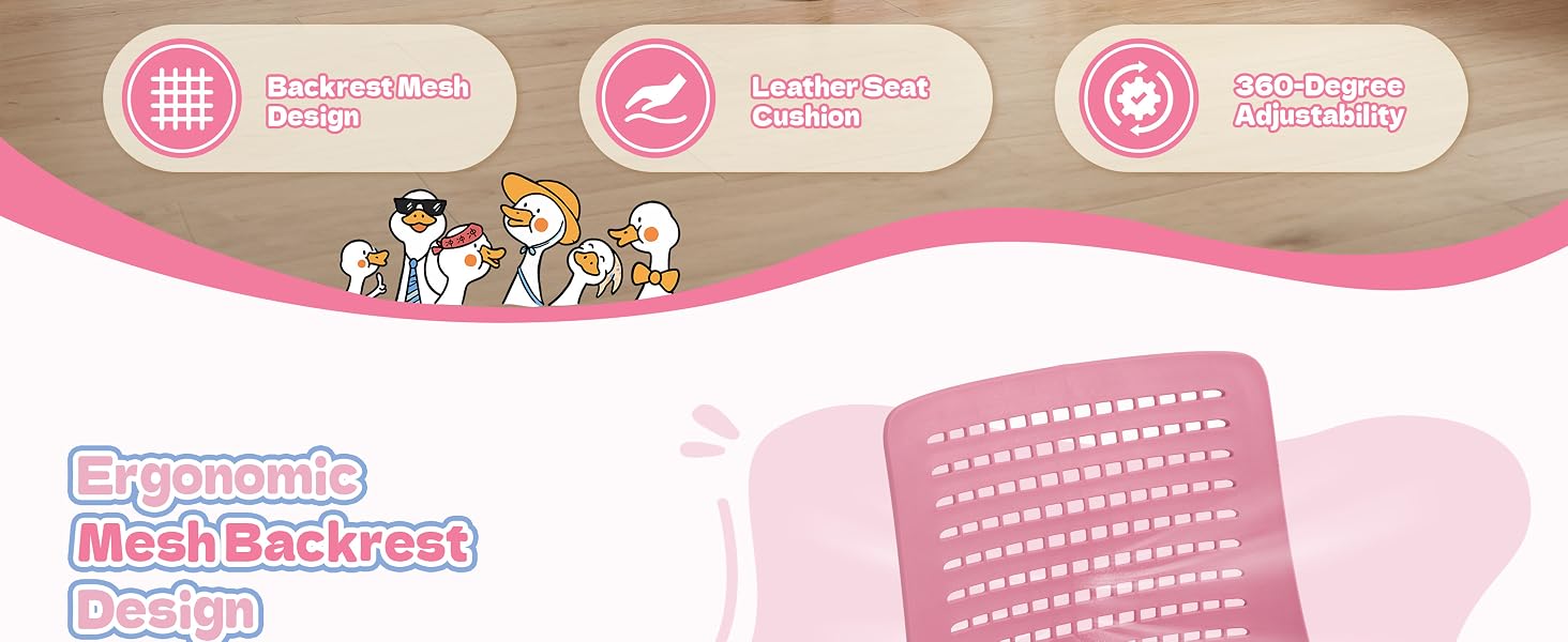 Pink banner interface design with circular icons and Japanese text, featuring cartoon character illustrations in a cute, pastel style.