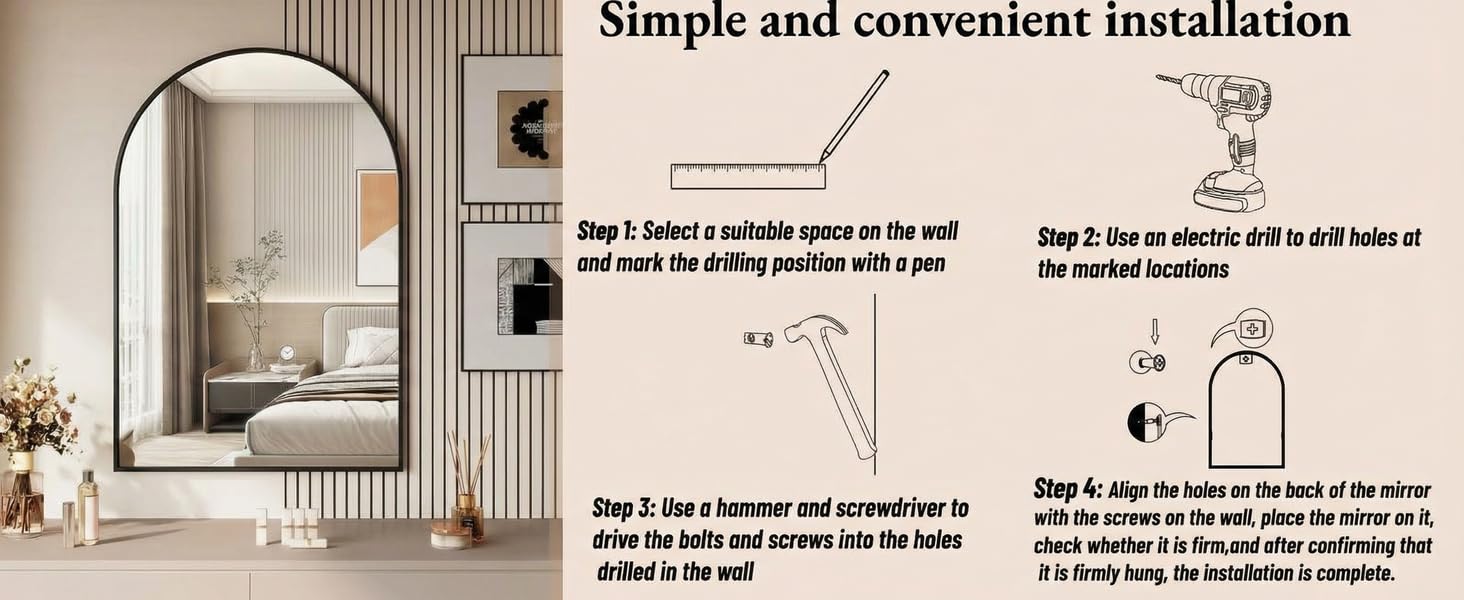 Text reads 'Simple and convenient installation'. Sequence of installation steps showing wall-mounted device setup across multiple panels in a modern interior setting.