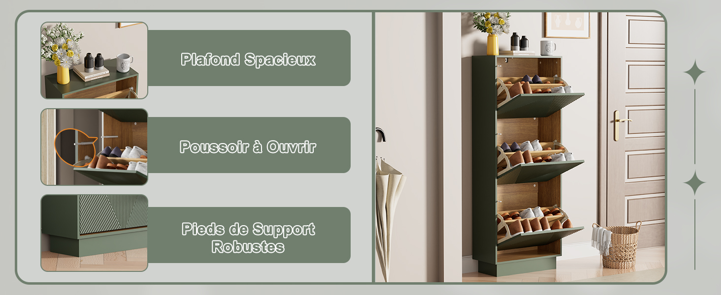 Série de présentoirs de meubles dans des tons verts et beiges atténués, présentant différentes configurations de pièces avec des étagères en bois et des objets de décoration.