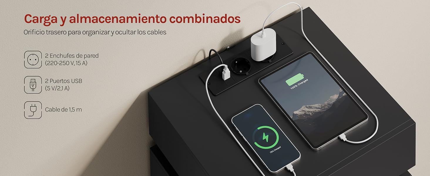 El texto dice «Carga y almacenamiento combinados». La interfaz del dispositivo electrónico muestra el estado de carga y la información de almacenamiento sobre un fondo gris.