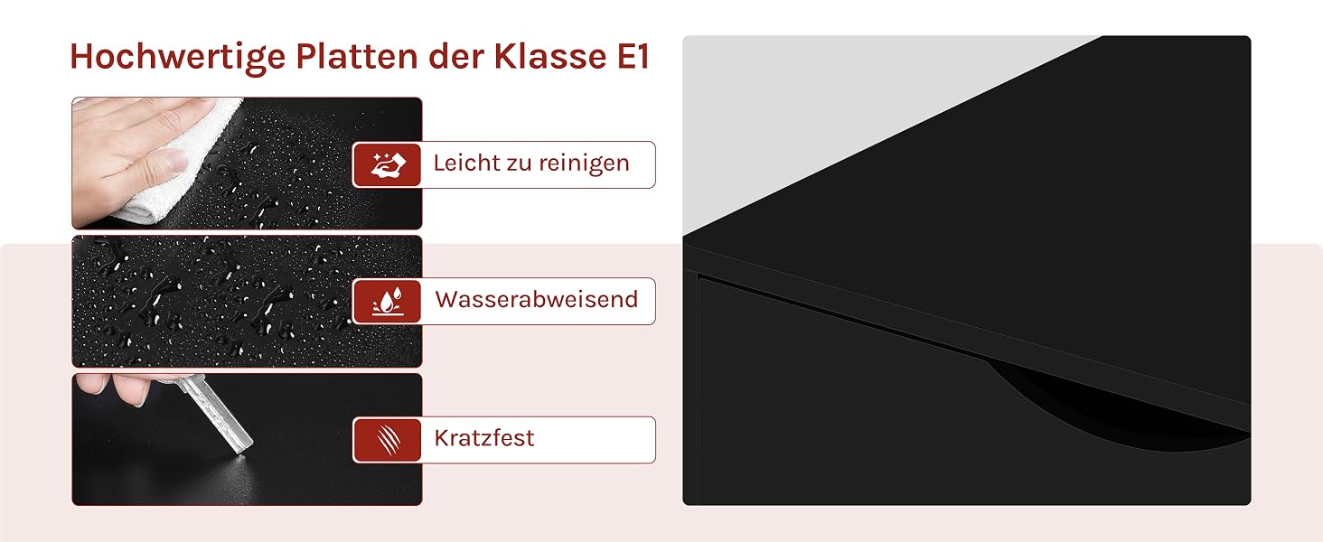 Das schwarze, strukturierte Oberflächenmaterial ist in drei Nahaufnahmen abgebildet und weist Merkmale wie Kratzfestigkeit, Wasserbeständigkeit und Haltbarkeit