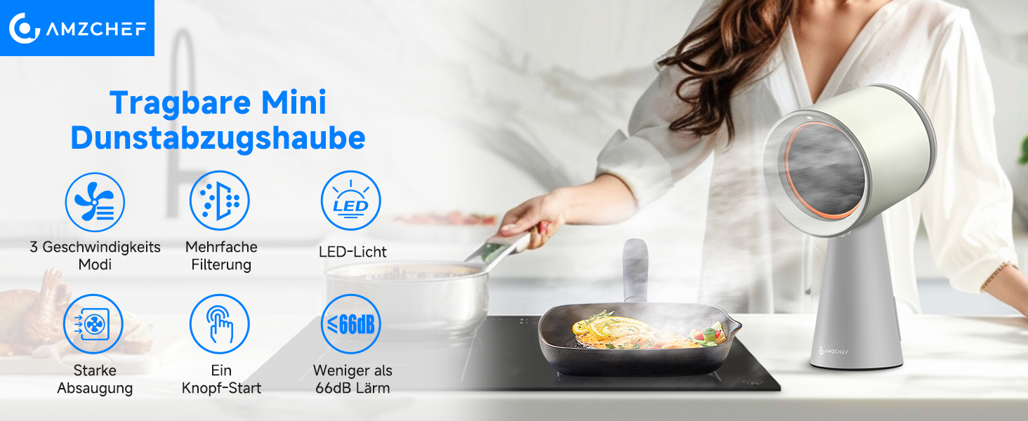 Der Text lautet „Fogless Mini Charging Humidifier“. Produktvorführung eines tragbaren Luftbefeuchters mit Symbolen, die Funktionen wie Lade- und Nebelfunktionen anzeigen.