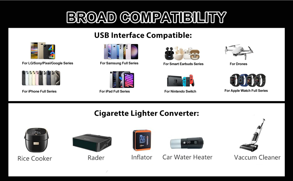 Compatibility chart showing USB interface connections for various devices and cigarette lighter converter options including rice cooker, inflator, and car accessories.