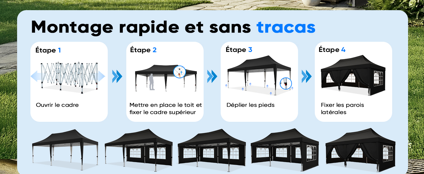 Le texte se lit comme suit : « Montage rapide et sans traces ». Instructions de montage étape par étape montrant la progression de la configuration de la tente ou de la canopée à travers plusieurs étapes illustrées.