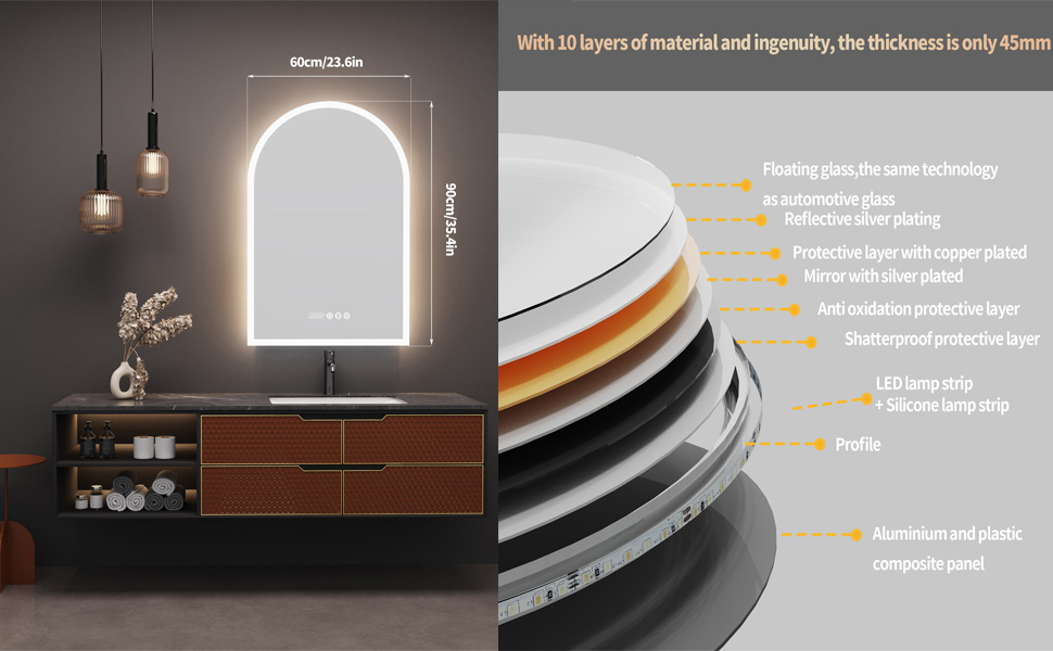 LUVODI Specchio da Bagno Retroilluminato con LED Orologio 60x90cm Arco 