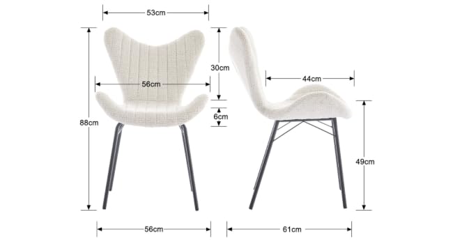 Technisches Diagramm, das die Maße eines modernen Stuhldesigns von vorne und von der Seite zeigt. Die detaillierten Abmessungen sind in Millimetern angegeben.